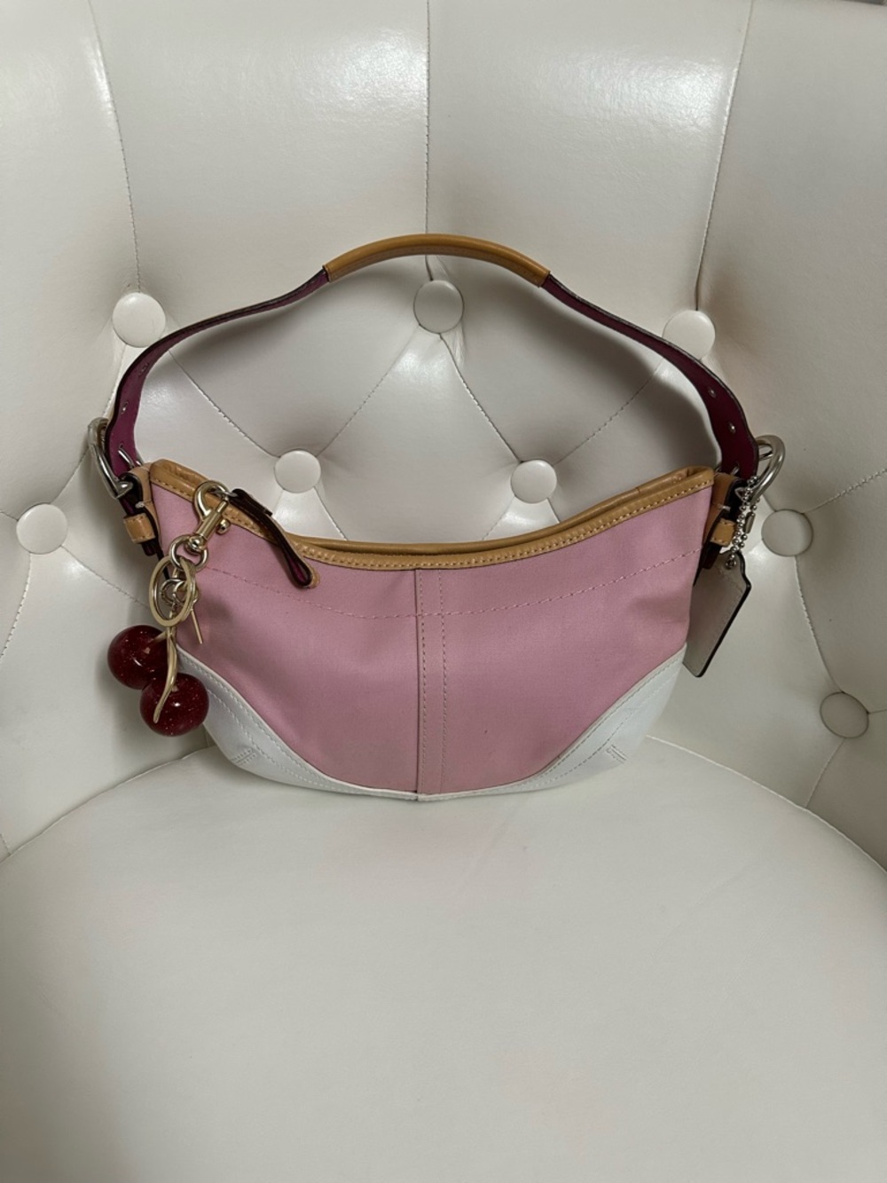 Coach Pink and White Shoulder Bag with Tan Trim
